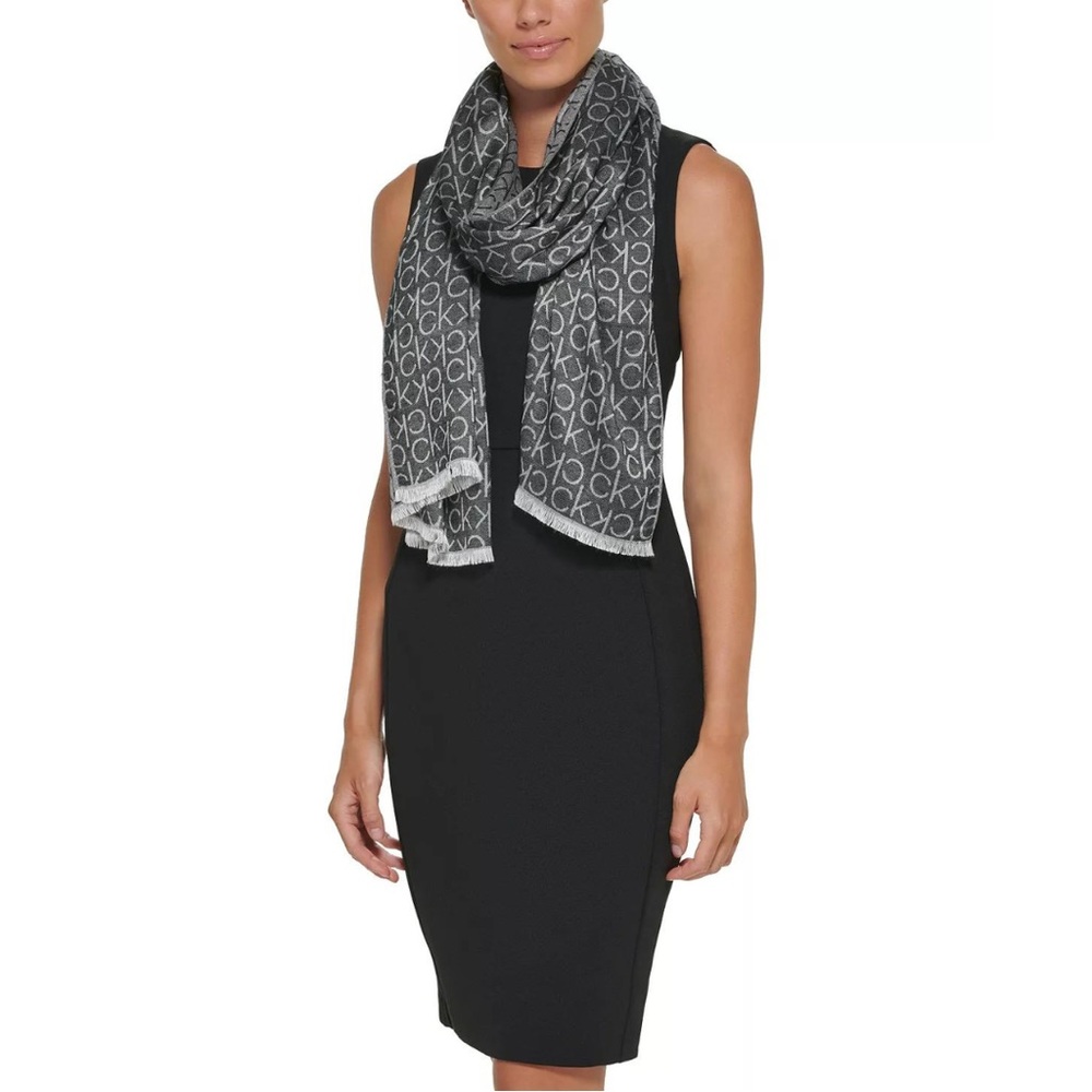 Calvin Klein Monogram CK Logo Black Pashmina Wrap Scarf